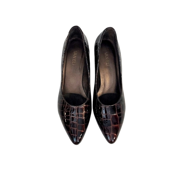 Vaneli Dark Brown Croc Effect Pointed Toe Heels - Picture 5 of 11